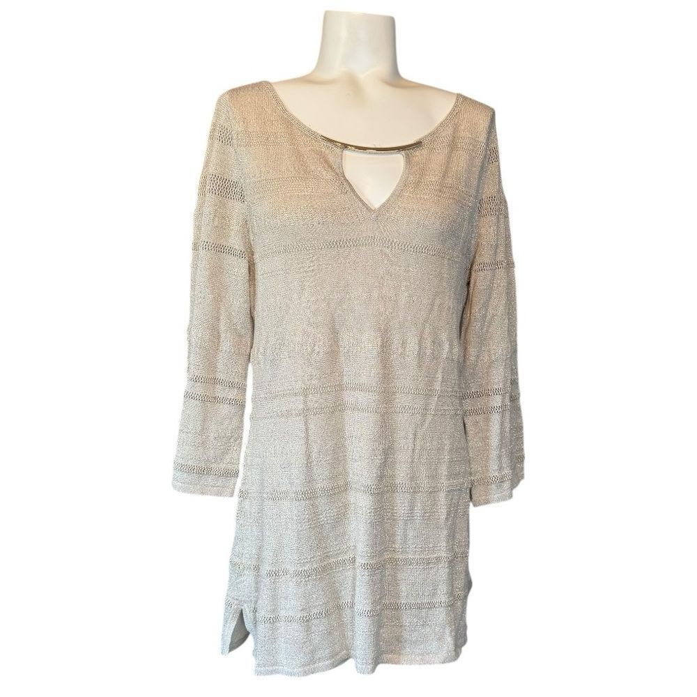 WHBM Stitchy Keyhole Sweater Tunic Pearl Dust Cream Gold Metallic L NWT